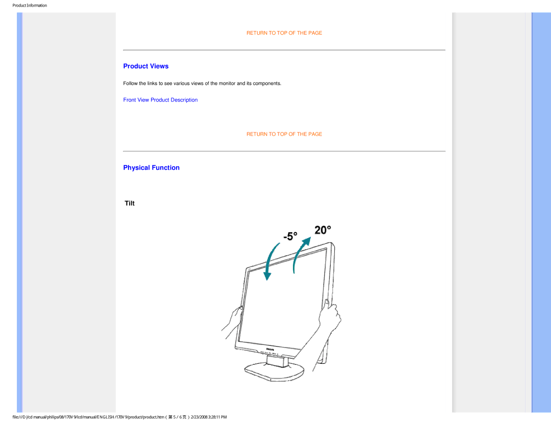 Philips 170V9 user manual Product Views, Physical Function, Tilt 