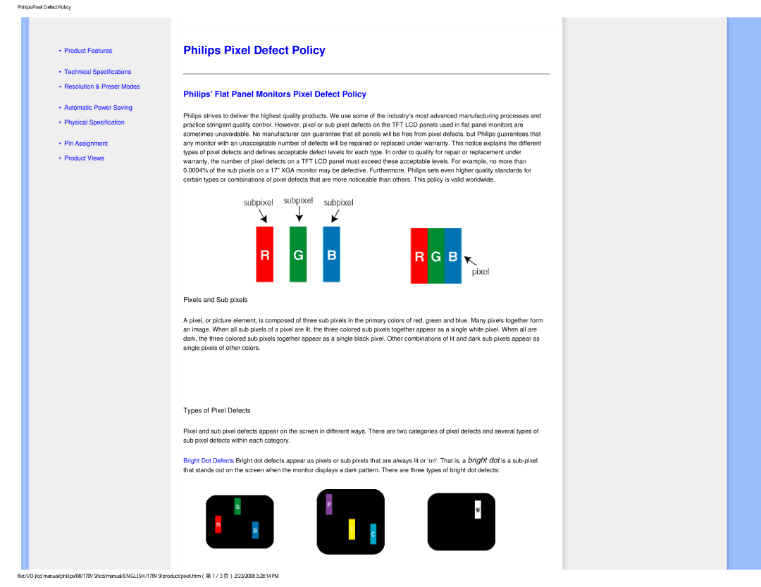 Philips 170V9 user manual Philips Pixel Defect Policy, Philips Flat Panel Monitors Pixel Defect Policy 