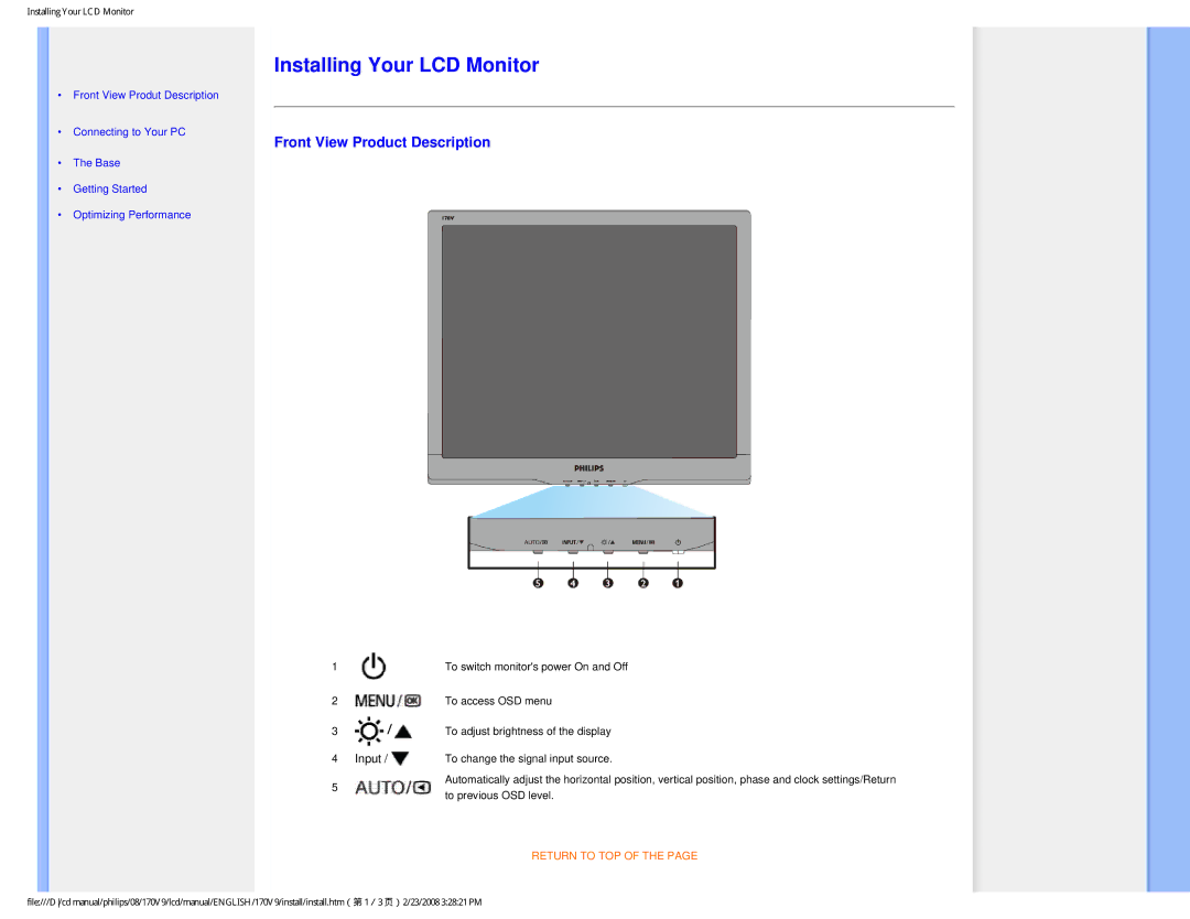 Philips 170V9 user manual Installing Your LCD Monitor, Front View Product Description 