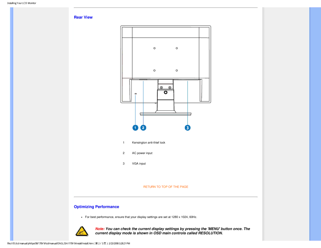 Philips 170V9 user manual Rear View, Optimizing Performance 