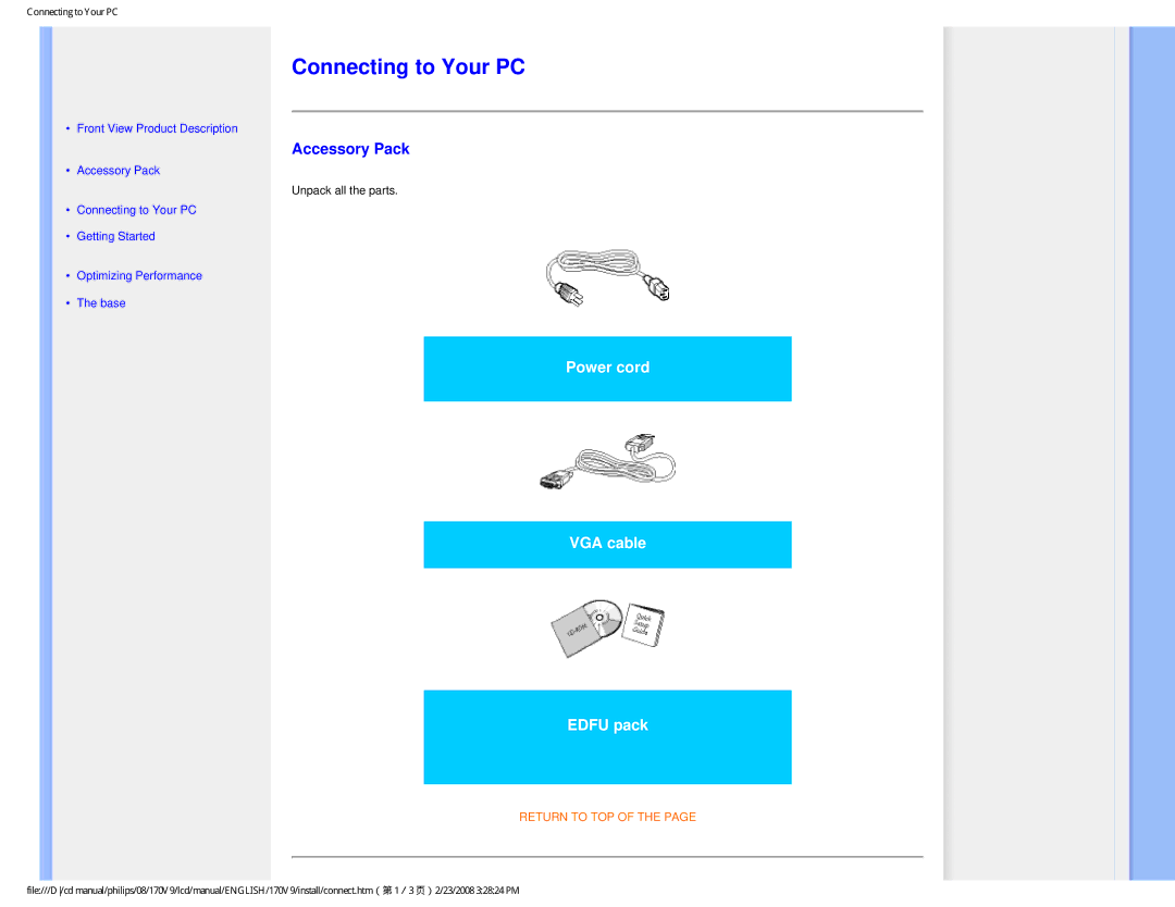 Philips 170V9 user manual Connecting to Your PC, Accessory Pack 