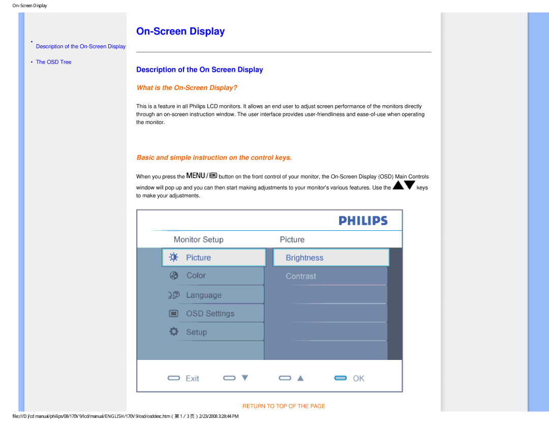 Philips 170V9 user manual On-Screen Display, Description of the On Screen Display 