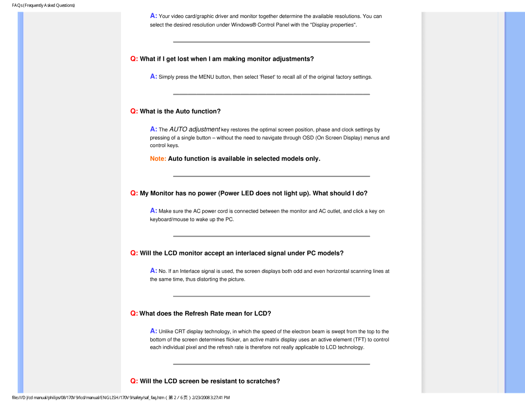 Philips 170V9 user manual What if I get lost when I am making monitor adjustments?, What is the Auto function? 