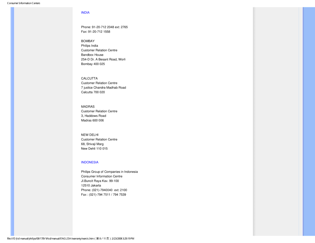 Philips 170V9 user manual India, Indonesia 