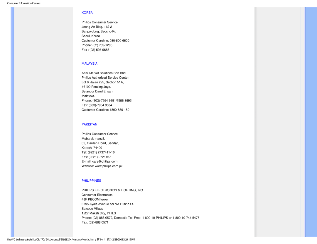 Philips 170V9 user manual Korea, Malaysia, Pakistan, Philippines 