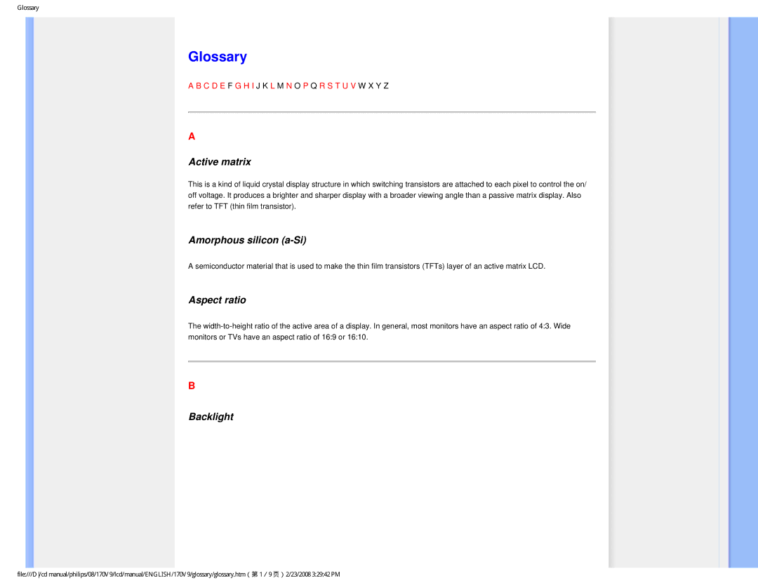 Philips 170V9 user manual Glossary, Active matrix, Amorphous silicon a-Si, Aspect ratio, Backlight 