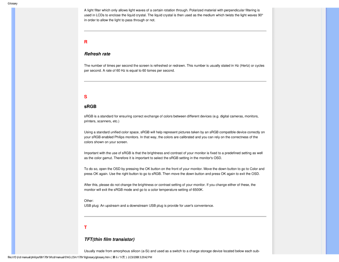 Philips 170V9 user manual Refresh rate, TFTthin film transistor 