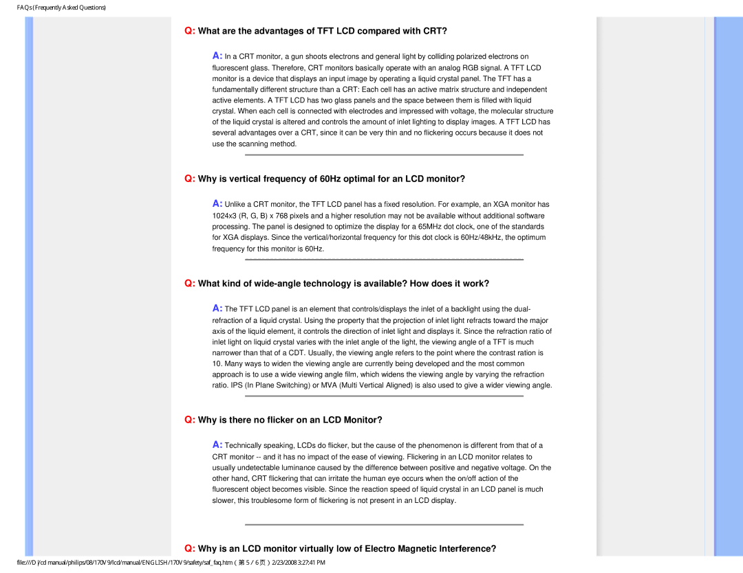 Philips 170V9 user manual What are the advantages of TFT LCD compared with CRT?, Why is there no flicker on an LCD Monitor? 