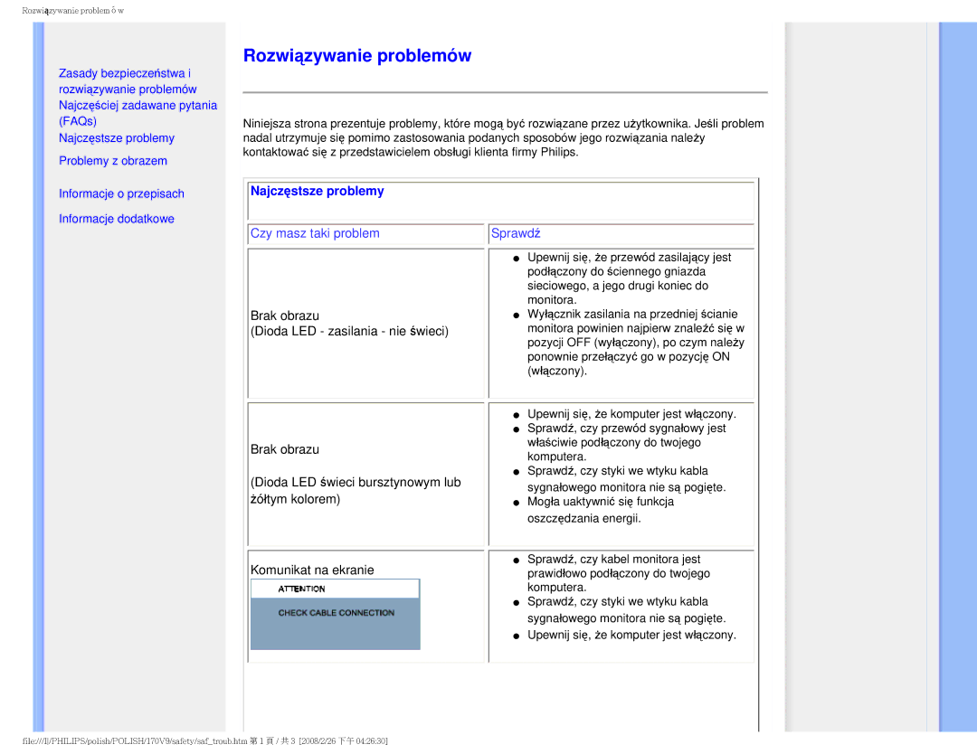 Philips 170V9 user manual Rozwiązywanie problemów, Najczęstsze problemy 