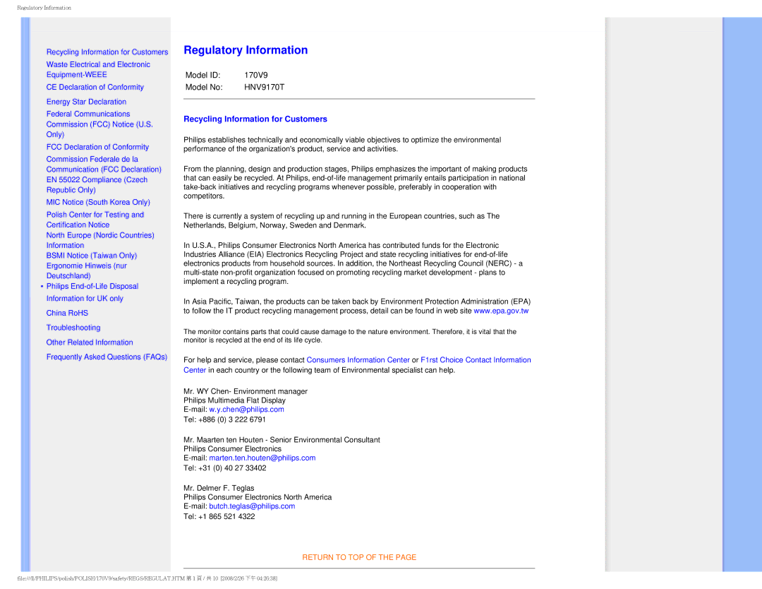 Philips 170V9 user manual Regulatory Information, Recycling Information for Customers 