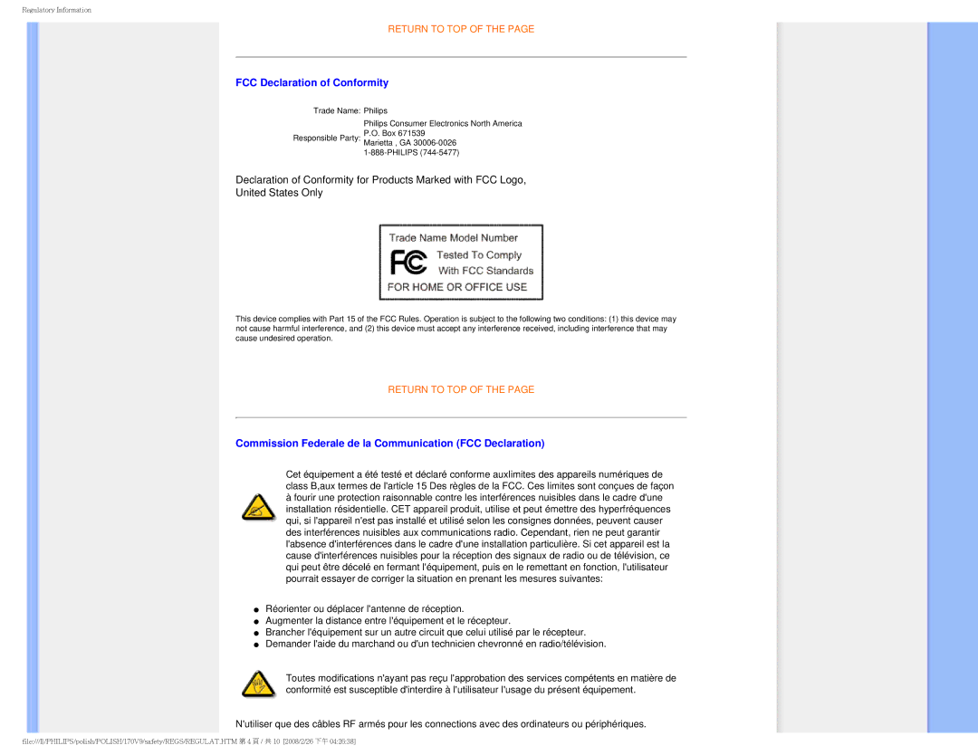 Philips 170V9 user manual FCC Declaration of Conformity, Commission Federale de la Communication FCC Declaration 