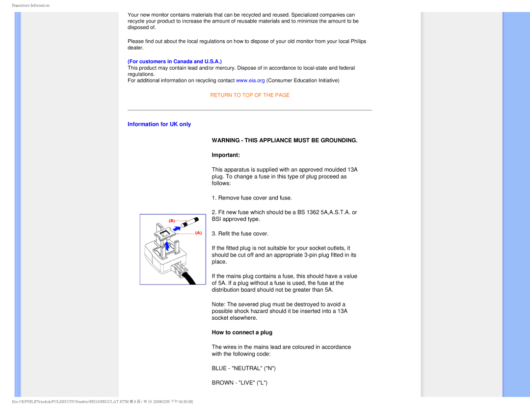 Philips 170V9 user manual Information for UK only, For customers in Canada and U.S.A 