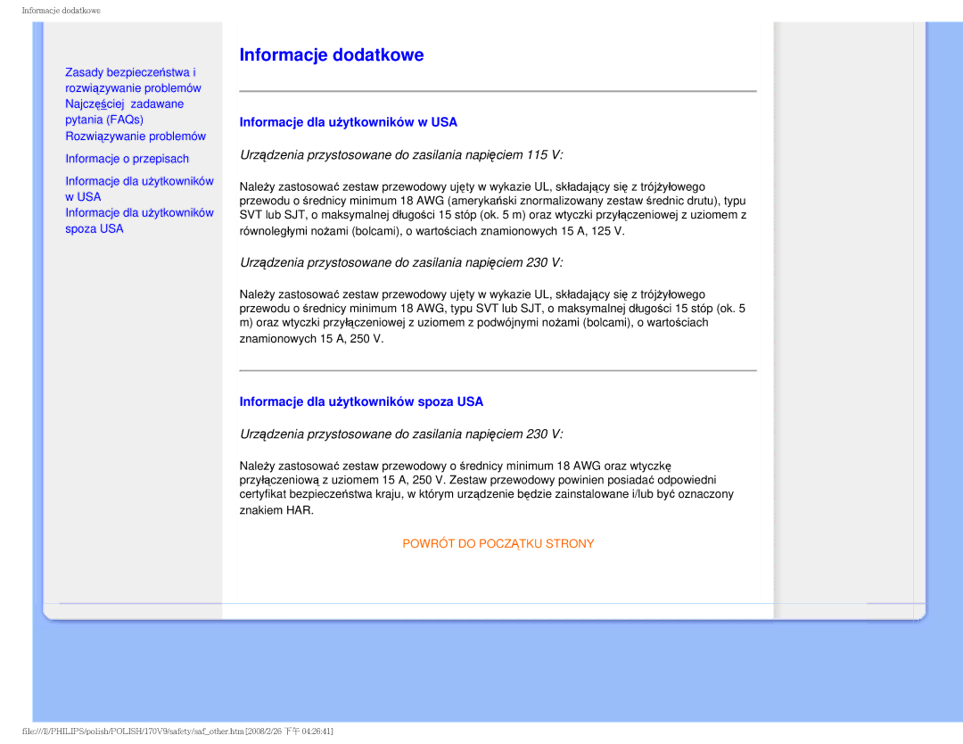 Philips 170V9 user manual Informacje dodatkowe, Informacje dla użytkowników w USA, Informacje dla użytkowników spoza USA 