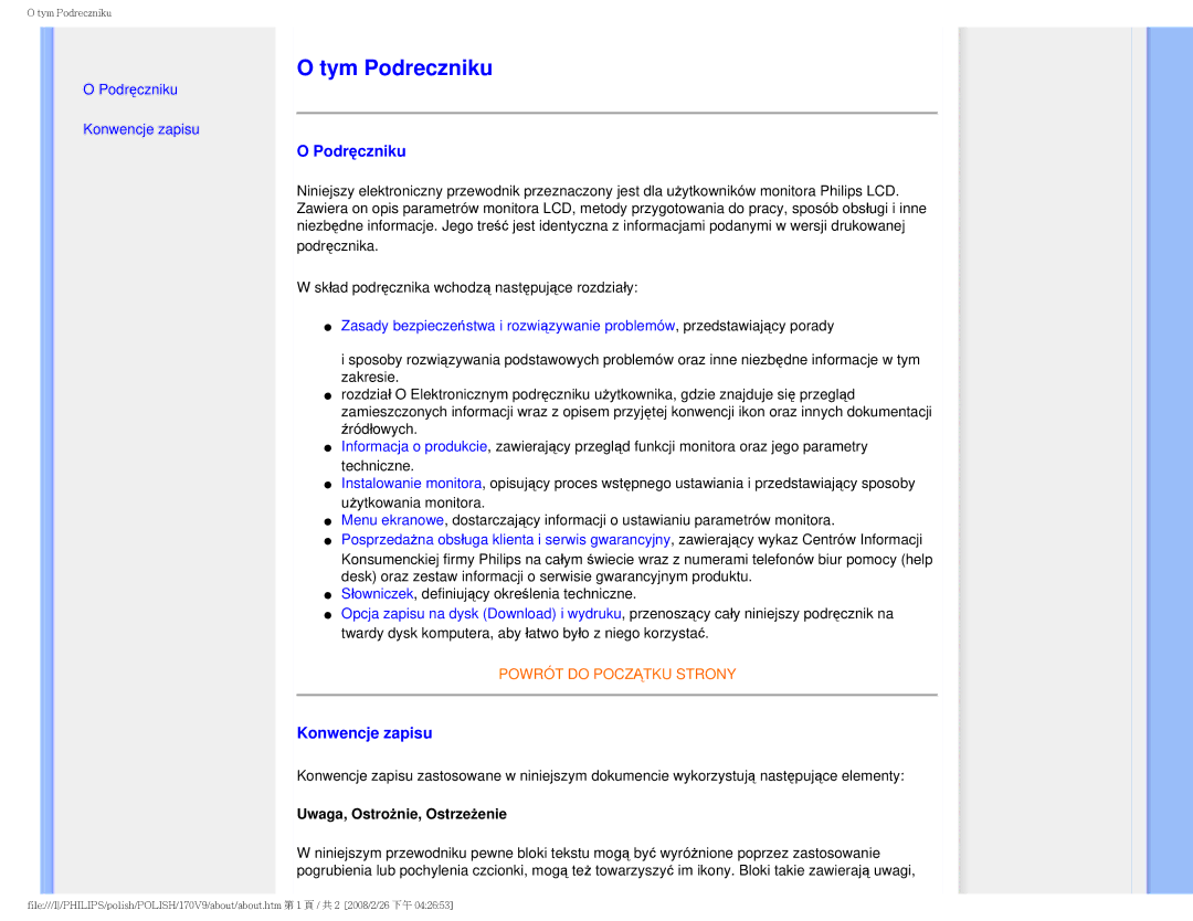 Philips 170V9 user manual Tym Podreczniku, Podręczniku, Konwencje zapisu, Uwaga, Ostrożnie, Ostrzeżenie 