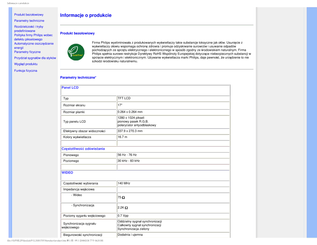 Philips 170V9 user manual Produkt bezołowiowy, Parametry techniczne 