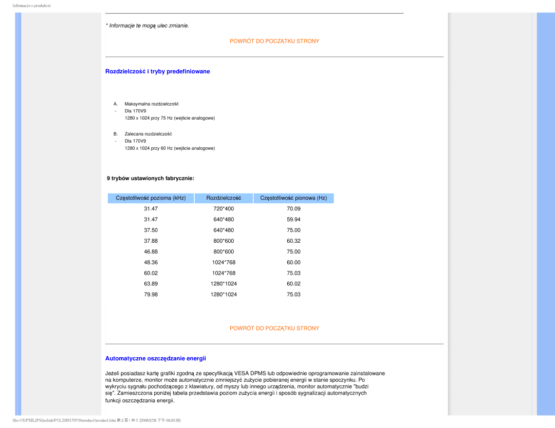 Philips 170V9 user manual Rozdzielczość i tryby predefiniowane, Automatyczne oszczędzanie energii 