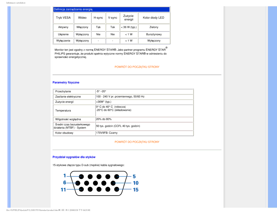 Philips 170V9 user manual Parametry fizyczne, Przydział sygnałów dla styków 