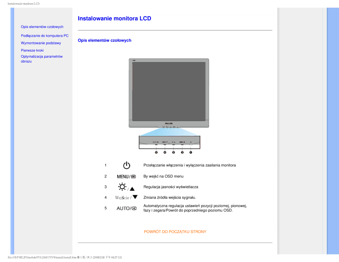 Philips 170V9 user manual Instalowanie monitora LCD 