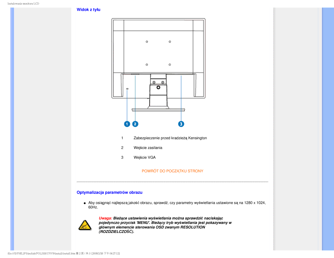 Philips 170V9 user manual Widok z tyłu 