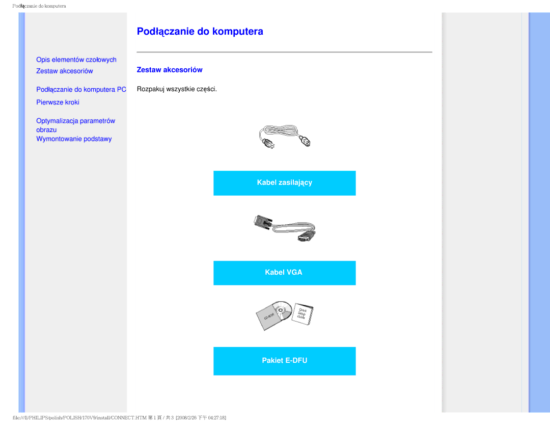 Philips 170V9 user manual Podłączanie do komputera, Zestaw akcesoriów 