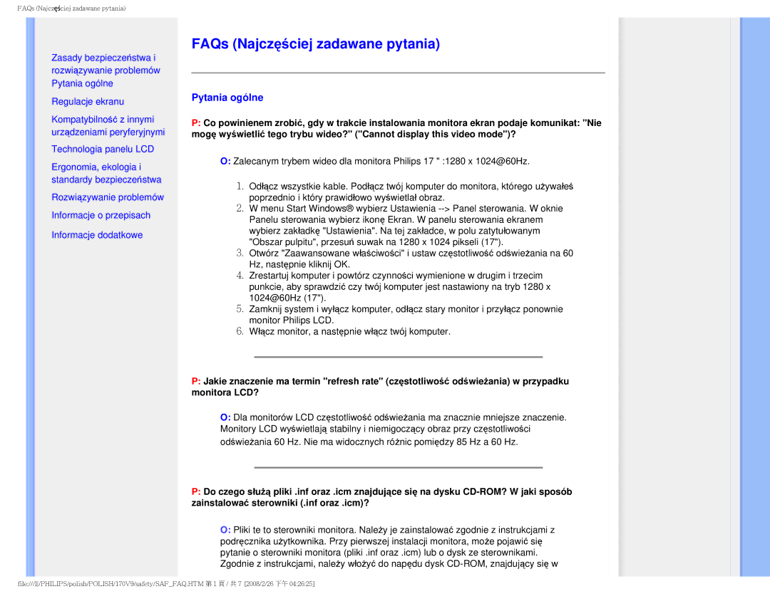 Philips 170V9 user manual FAQs Najczęściej zadawane pytania, Pytania ogólne 