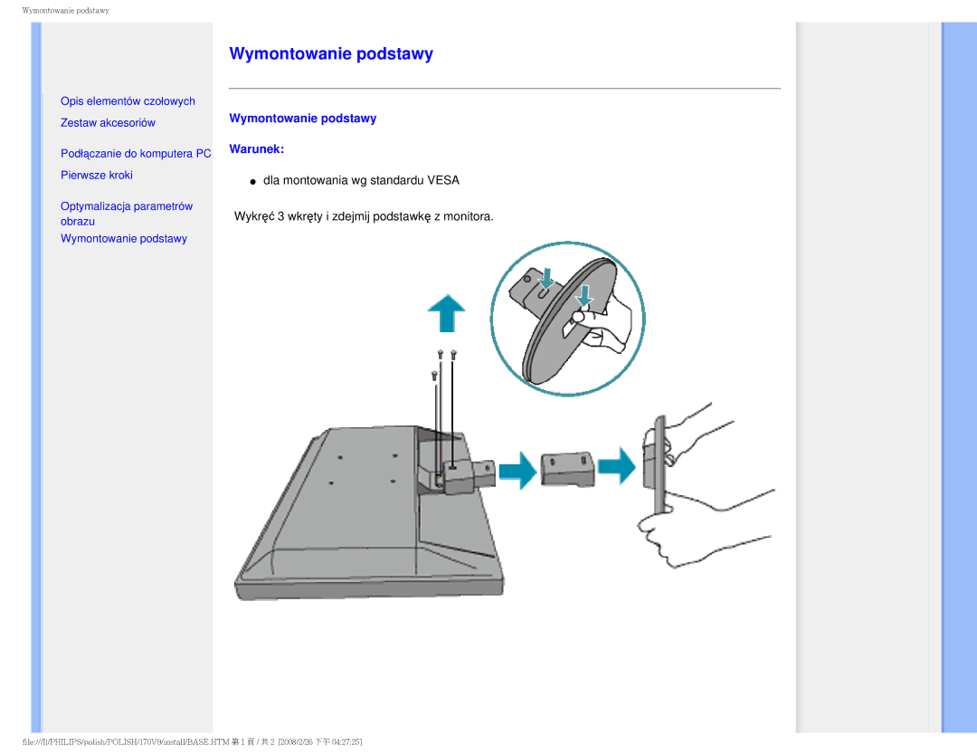 Philips 170V9 user manual Wymontowanie podstawy 