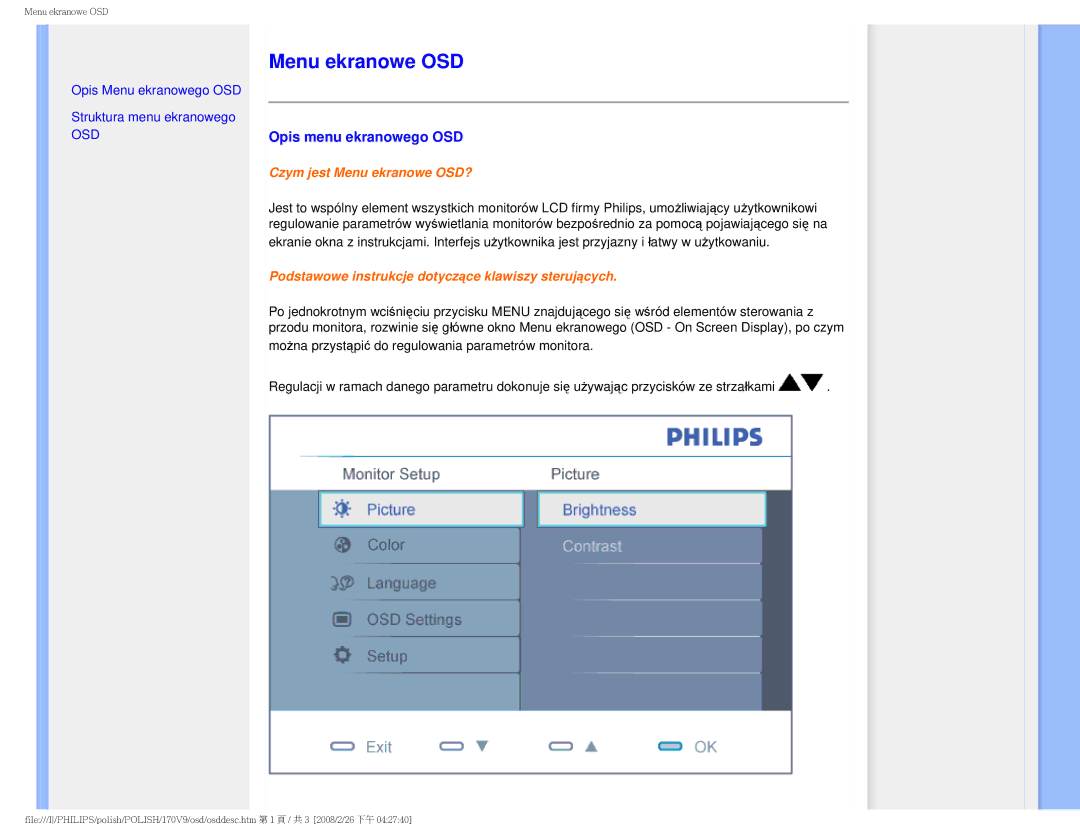 Philips 170V9 user manual Menu ekranowe OSD, Opis menu ekranowego OSD 