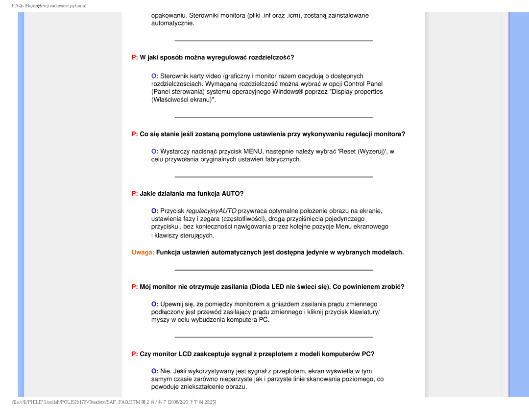 Philips 170V9 user manual Jaki sposób można wyregulować rozdzielczość?, Jakie działania ma funkcja AUTO? 