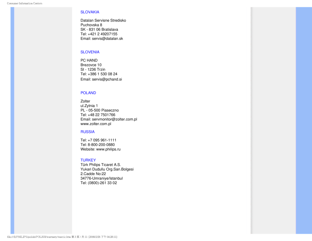 Philips 170V9 user manual Slovakia, Slovenia, Poland, Russia, Turkey 