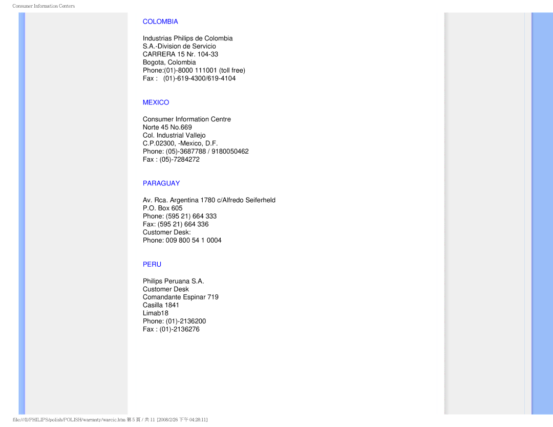 Philips 170V9 user manual Colombia, Mexico, Paraguay, Peru 