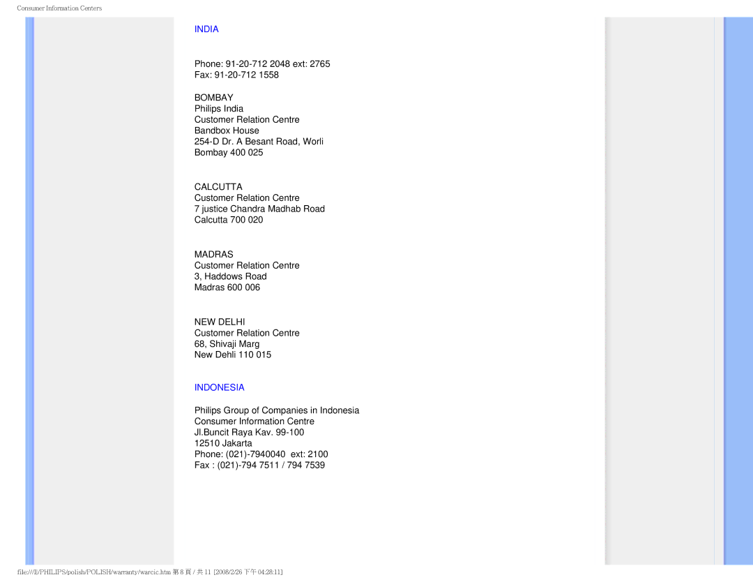 Philips 170V9 user manual India, Indonesia 