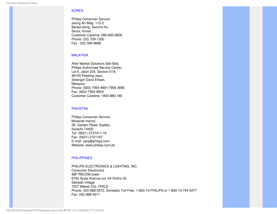 Philips 170V9 user manual Korea, Malaysia, Pakistan, Philippines 