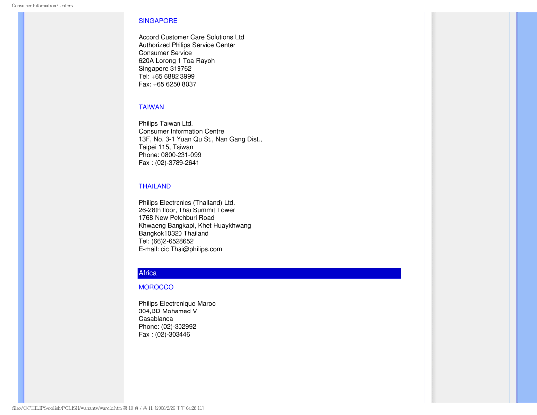 Philips 170V9 user manual Singapore, Taiwan, Thailand, Morocco 