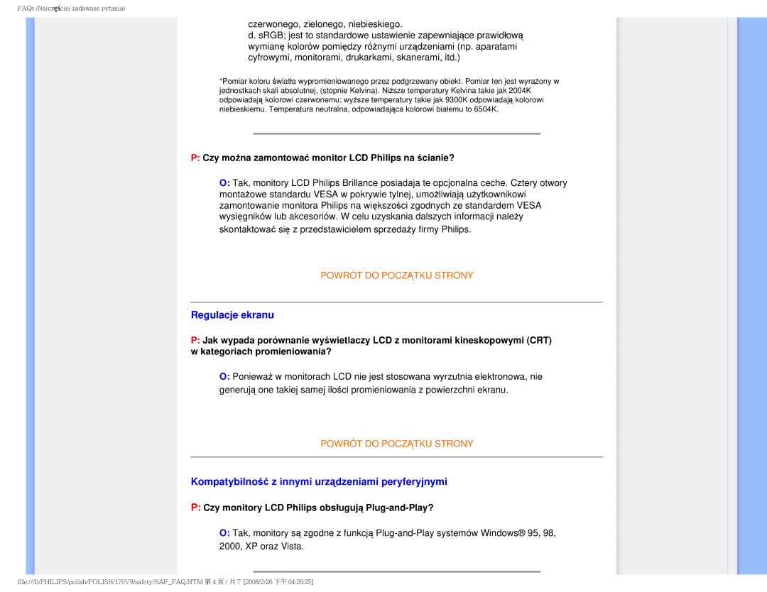 Philips 170V9 user manual Regulacje ekranu, Kompatybilność z innymi urządzeniami peryferyjnymi 