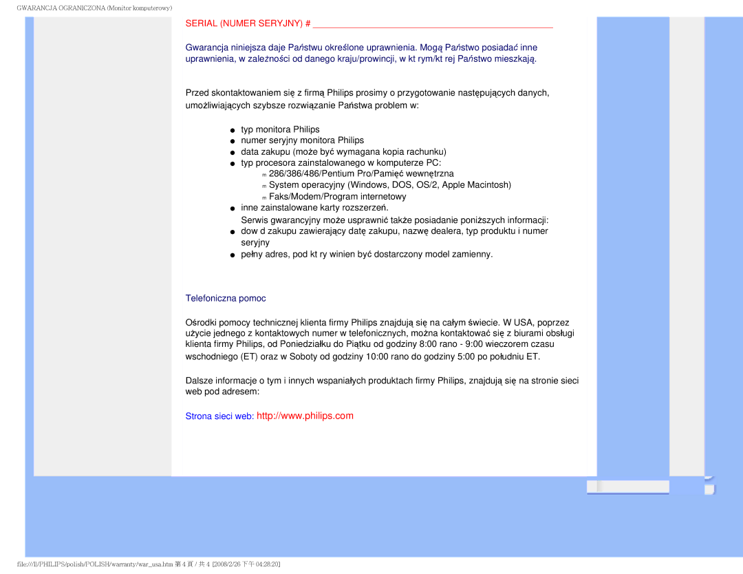 Philips 170V9 user manual Telefoniczna pomoc 