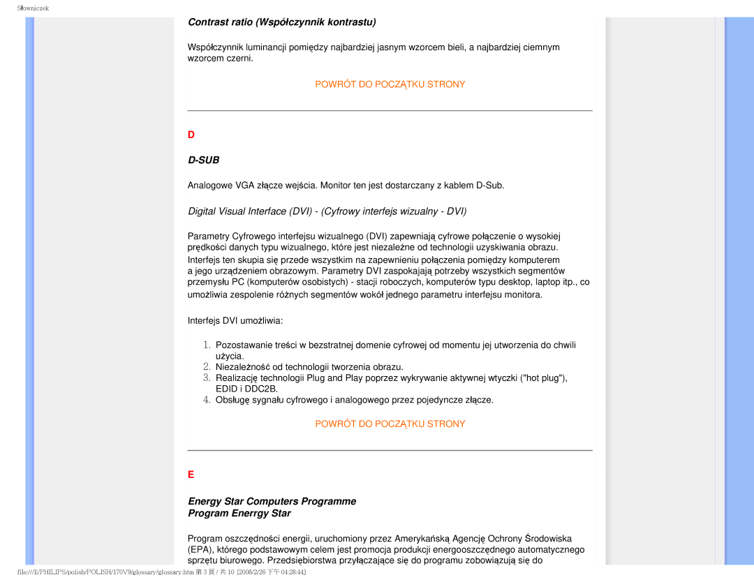 Philips 170V9 user manual Contrast ratio Współczynnik kontrastu, Energy Star Computers Programme Program Enerrgy Star 