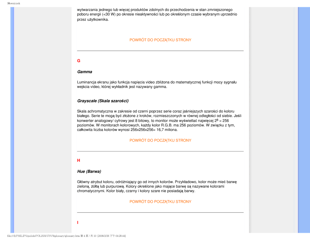 Philips 170V9 user manual Gamma, Grayscale Skala szarości, Hue Barwa 