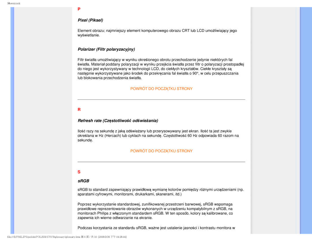 Philips 170V9 user manual Pixel Piksel, Polarizer Filtr polaryzacyjny, Refresh rate Częstotliwość odświeżania, Srgb 