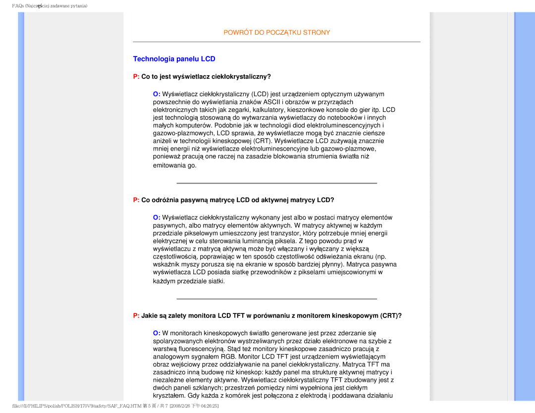 Philips 170V9 user manual Technologia panelu LCD, Co to jest wyświetlacz ciekłokrystaliczny? 