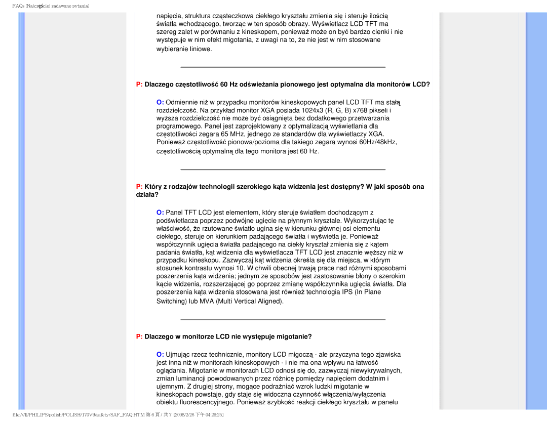 Philips 170V9 user manual Dlaczego w monitorze LCD nie występuje migotanie? 