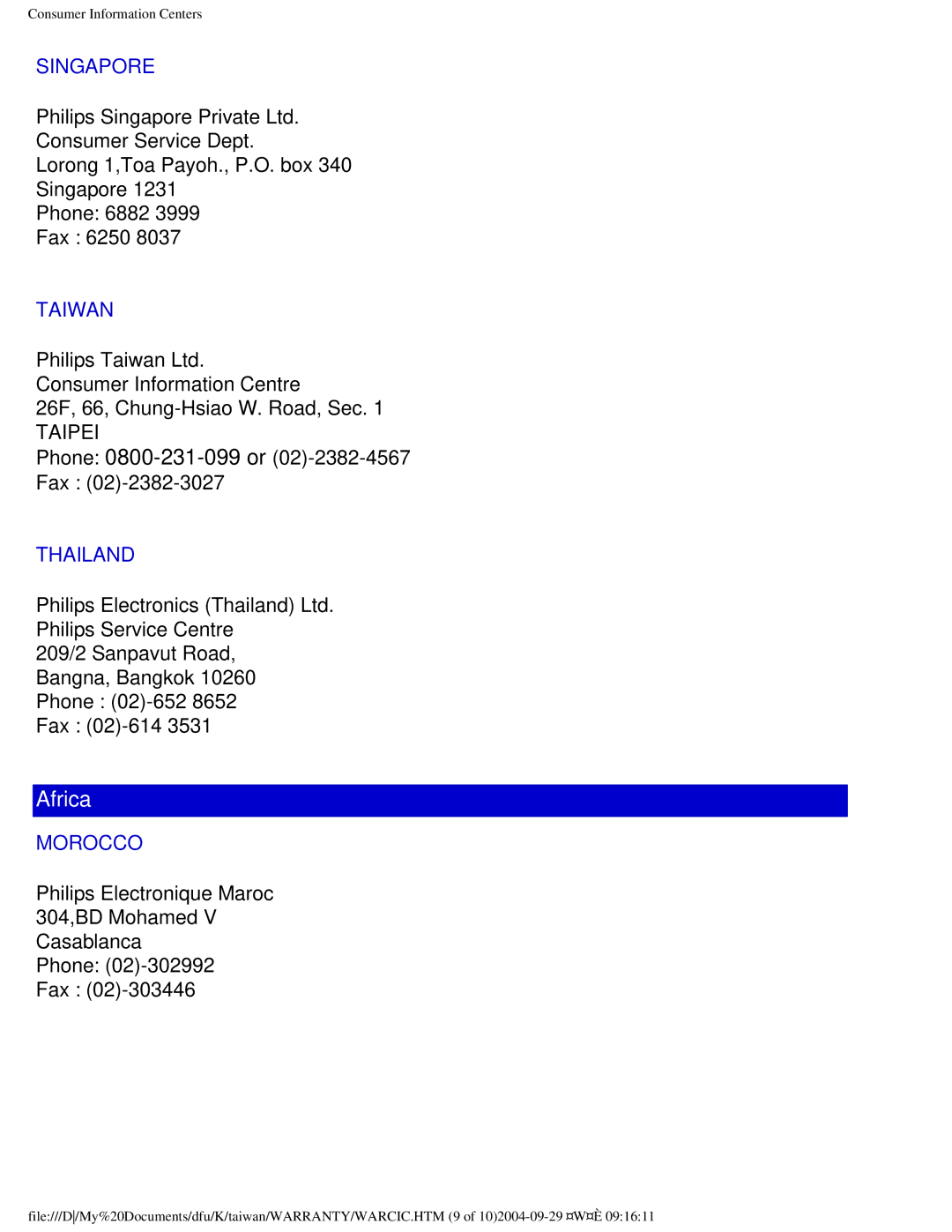 Philips 170W4P user manual Singapore, Taiwan, Thailand, Morocco 