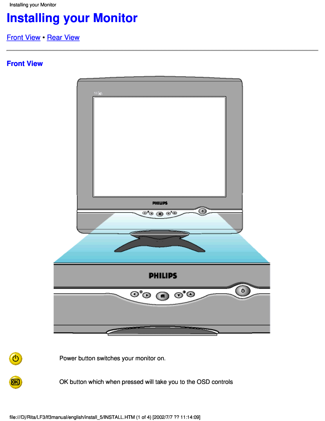 Philips 170X user manual Installing your Monitor, Front View Rear View 