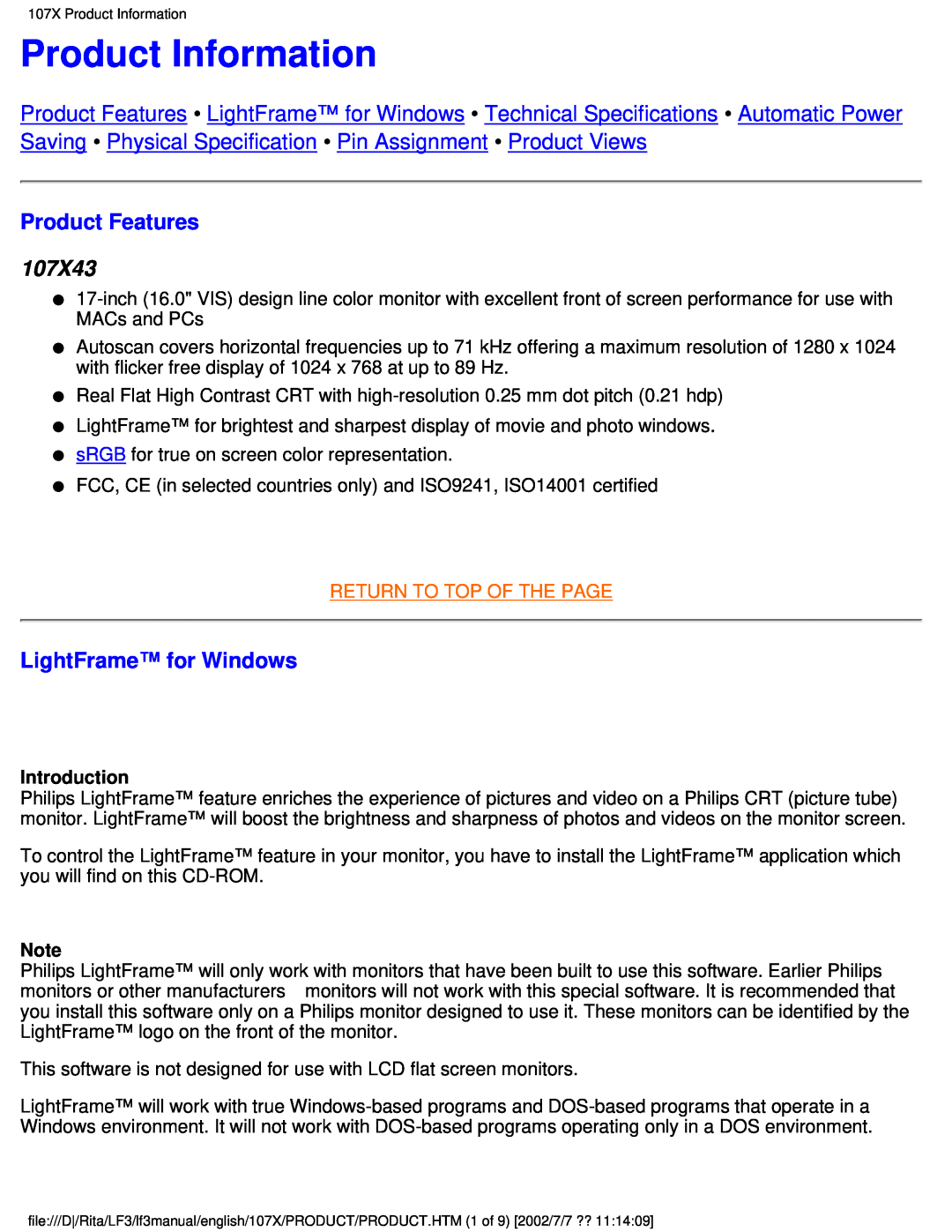 Philips 170X user manual Product Information, Product Features, 107X43, LightFrame for Windows, Return To Top Of The Page 