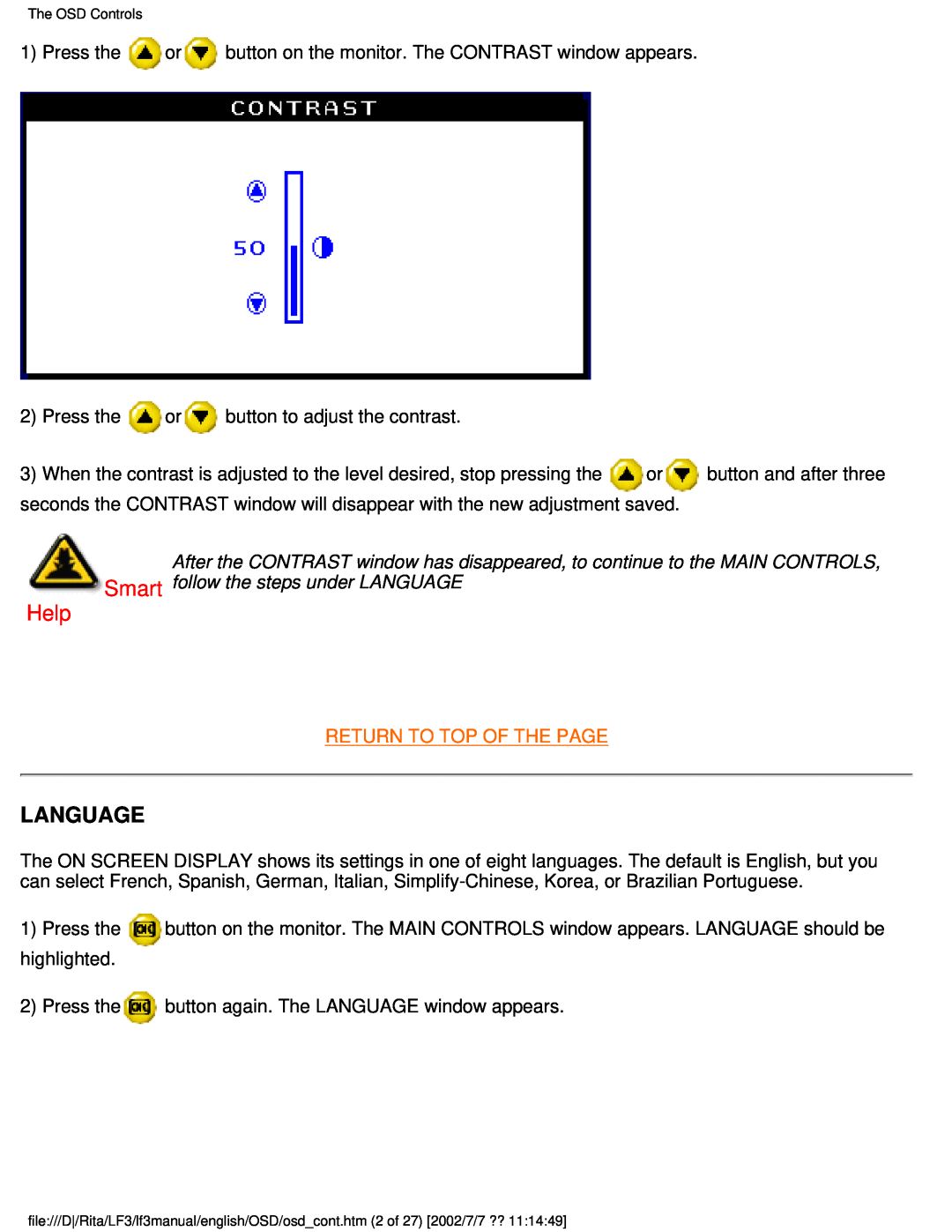 Philips 170X user manual Language, Help, Return To Top Of The Page 