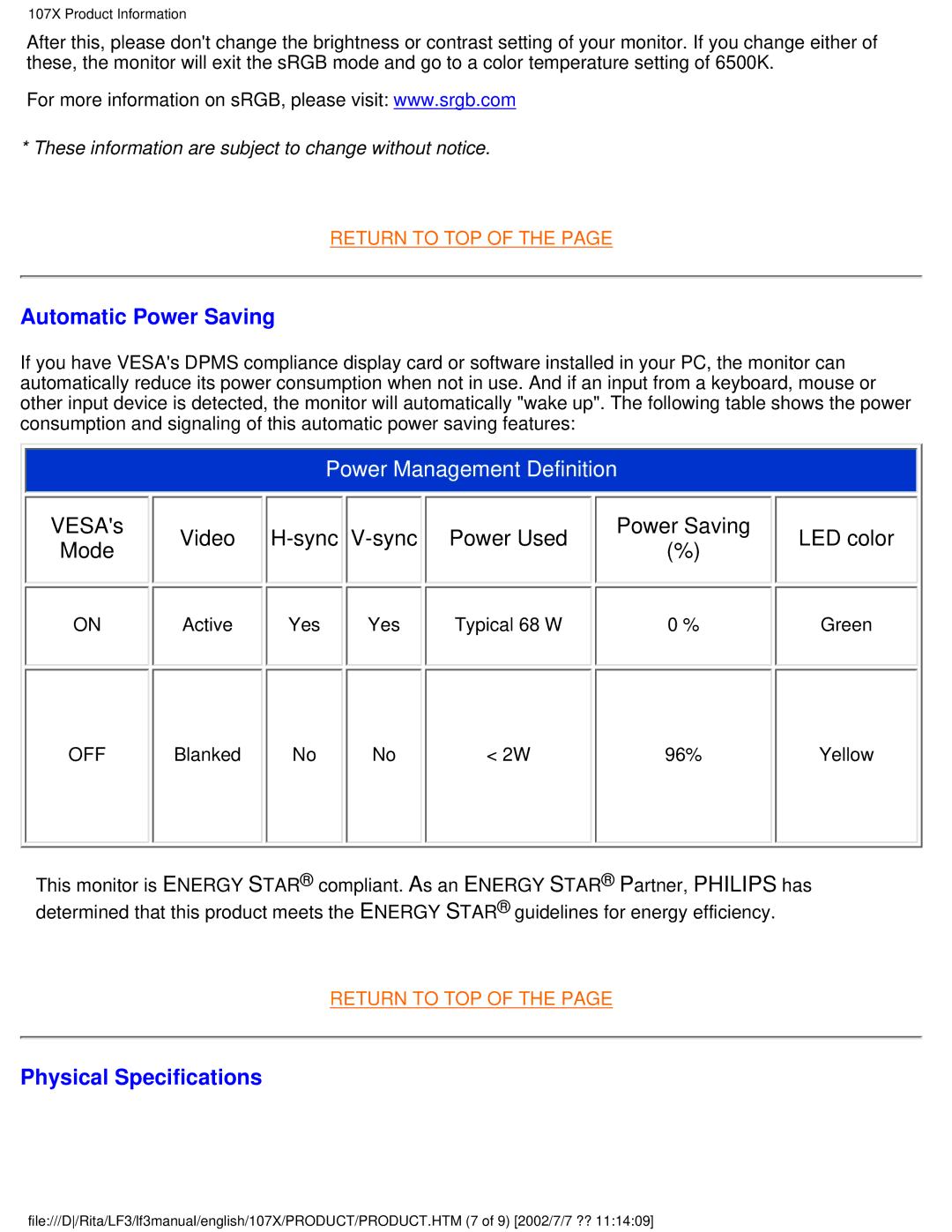 Philips 170X user manual Automatic Power Saving, Physical Specifications 