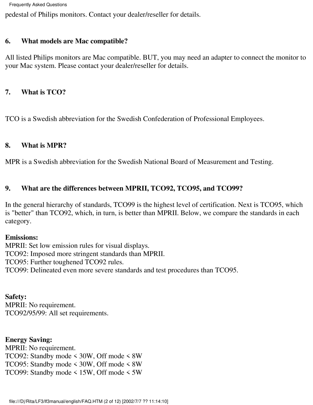 Philips 170X user manual What models are Mac compatible?, What is TCO?, What is MPR?, Emissions, Safety, Energy Saving 