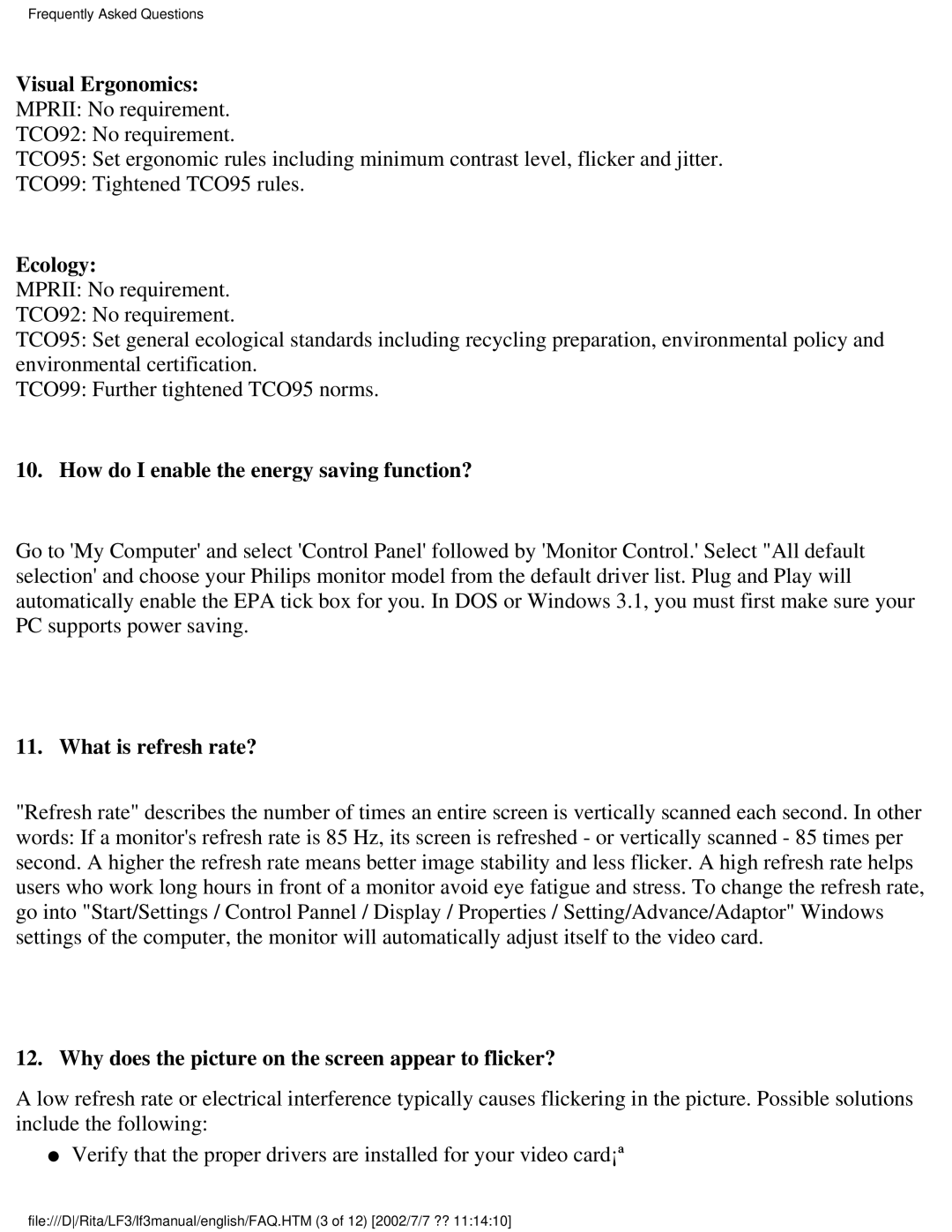 Philips 170X user manual Ecology, How do I enable the energy saving function?, What is refresh rate? 