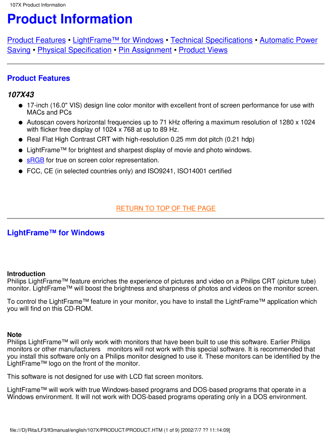 Philips 170X user manual Product Information, Product Features, LightFrame for Windows 