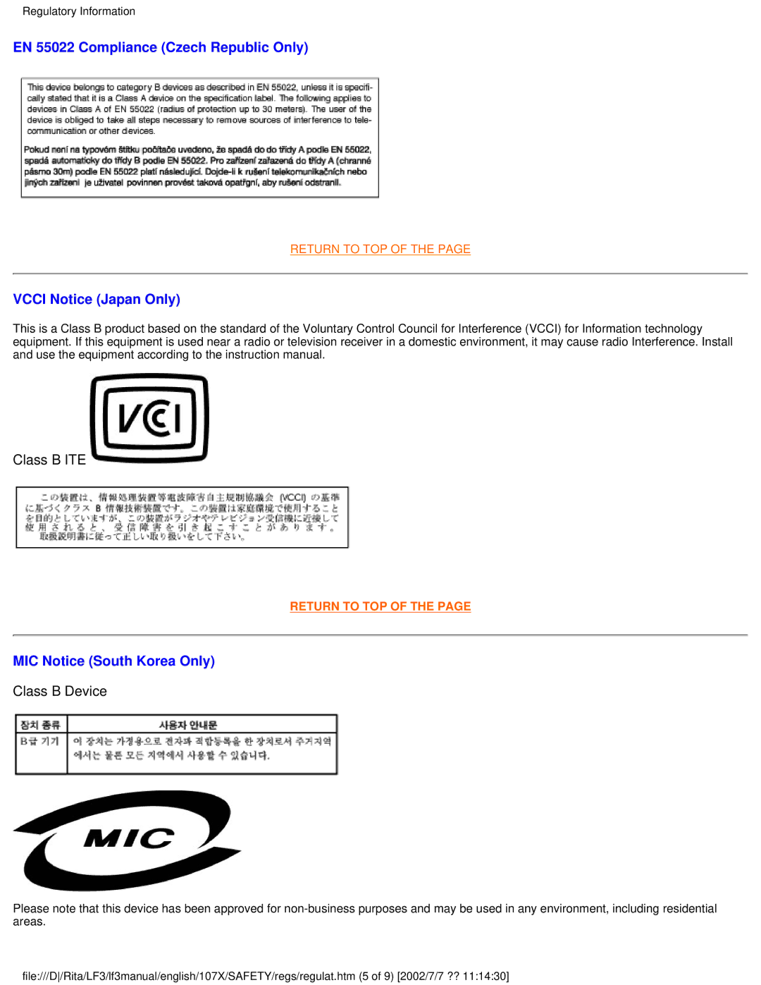 Philips 170X user manual EN 55022 Compliance Czech Republic Only 