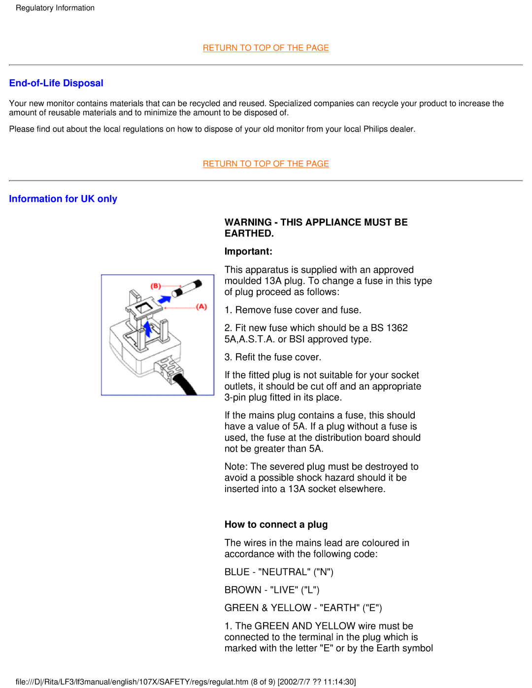 Philips 170X user manual Earthed 